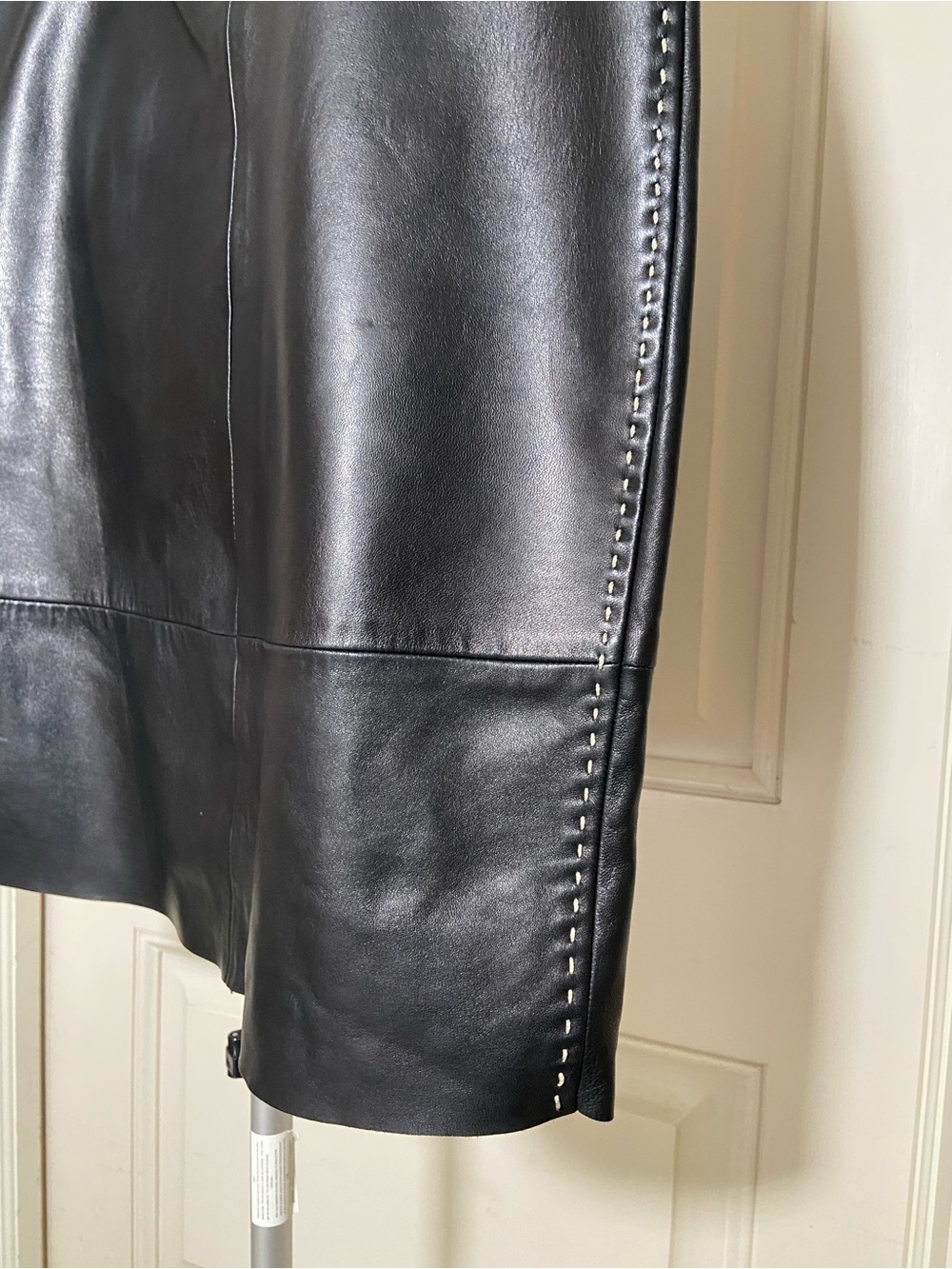 Black Genuine Leather Skirt with White Stitch Side Detail size 4 Designer Look